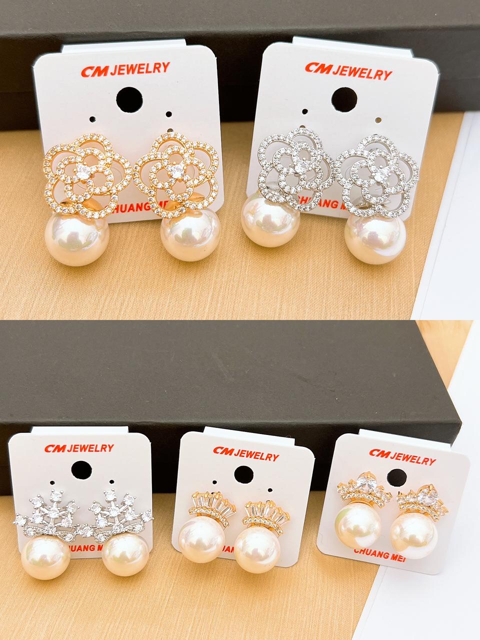 Luxury pearl crown earrings with real stone crystals by CM Jewelry in gold and silver – Pakistani bridal and party jewelry
