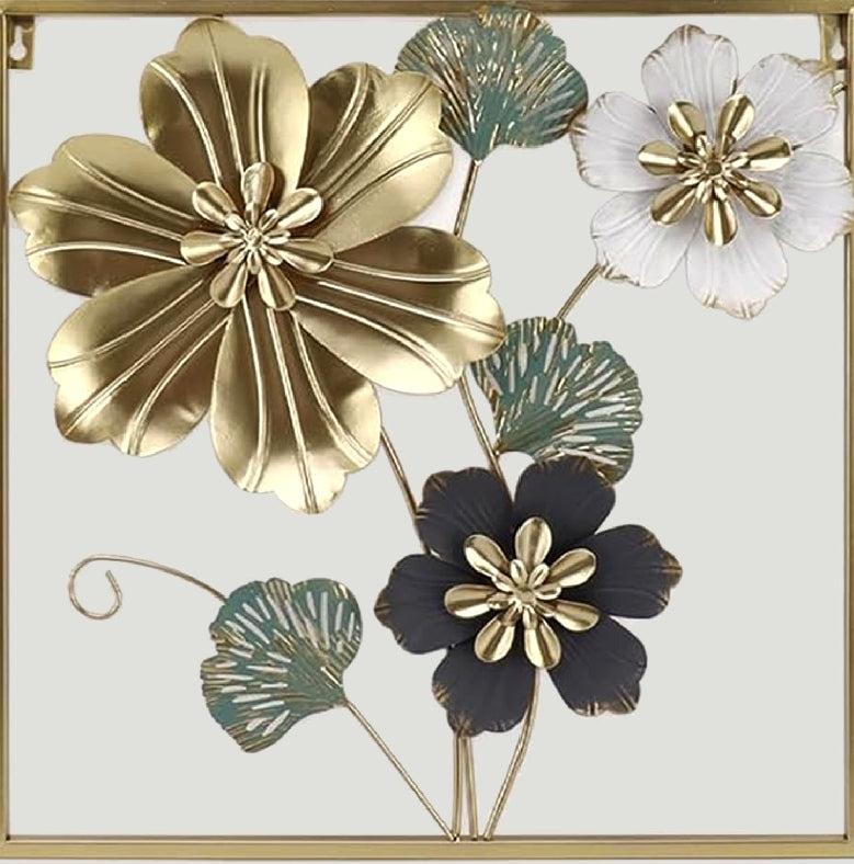 Luxury Metal Wall Art – 3D Golden Floral Frame Decoration