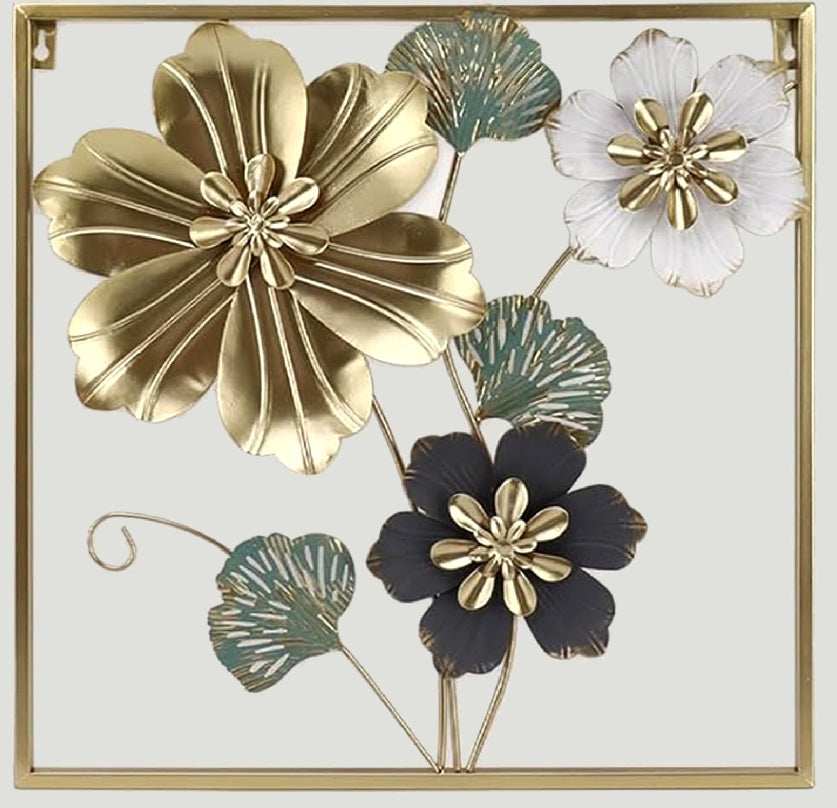 Luxury Metal Wall Art – 3D Golden Floral Frame Decoration